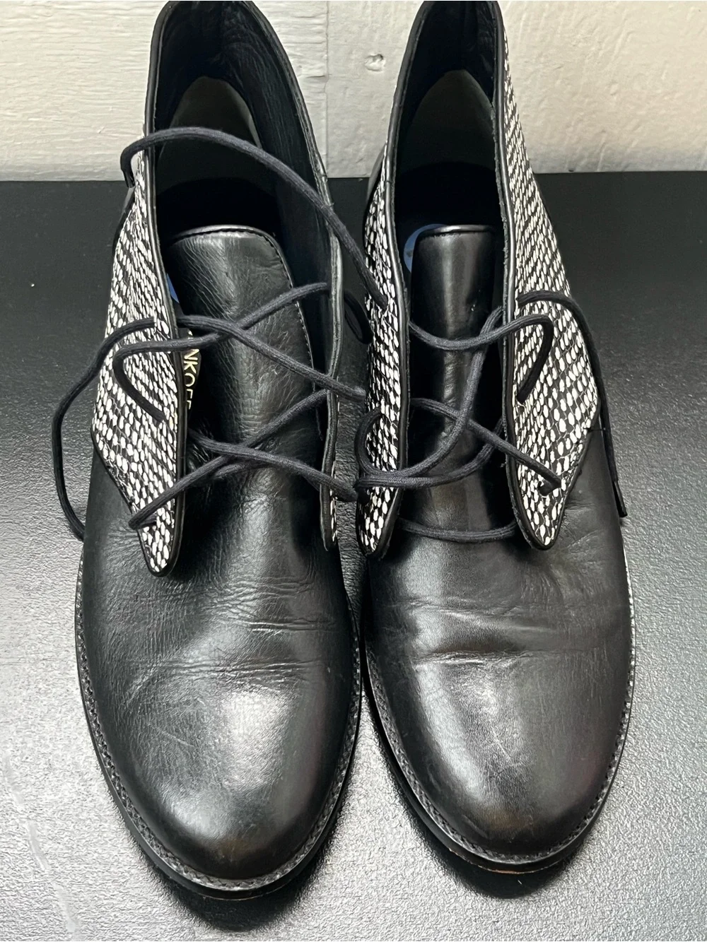 Rebecca Minkoff Black Leather Lace-Up Oxfords with Black & White Woven Collar